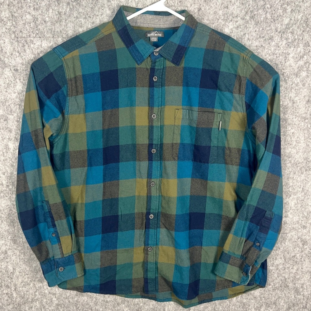 Eddie Bauer Men's XXL Blue Green Plaid Flannel Button Down Shirt 100% Cotton